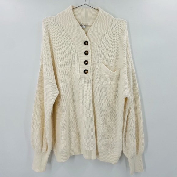 Lunya Organic Cotton Silk Blend Pocket Henley Knit Sweater Ivory Size Large